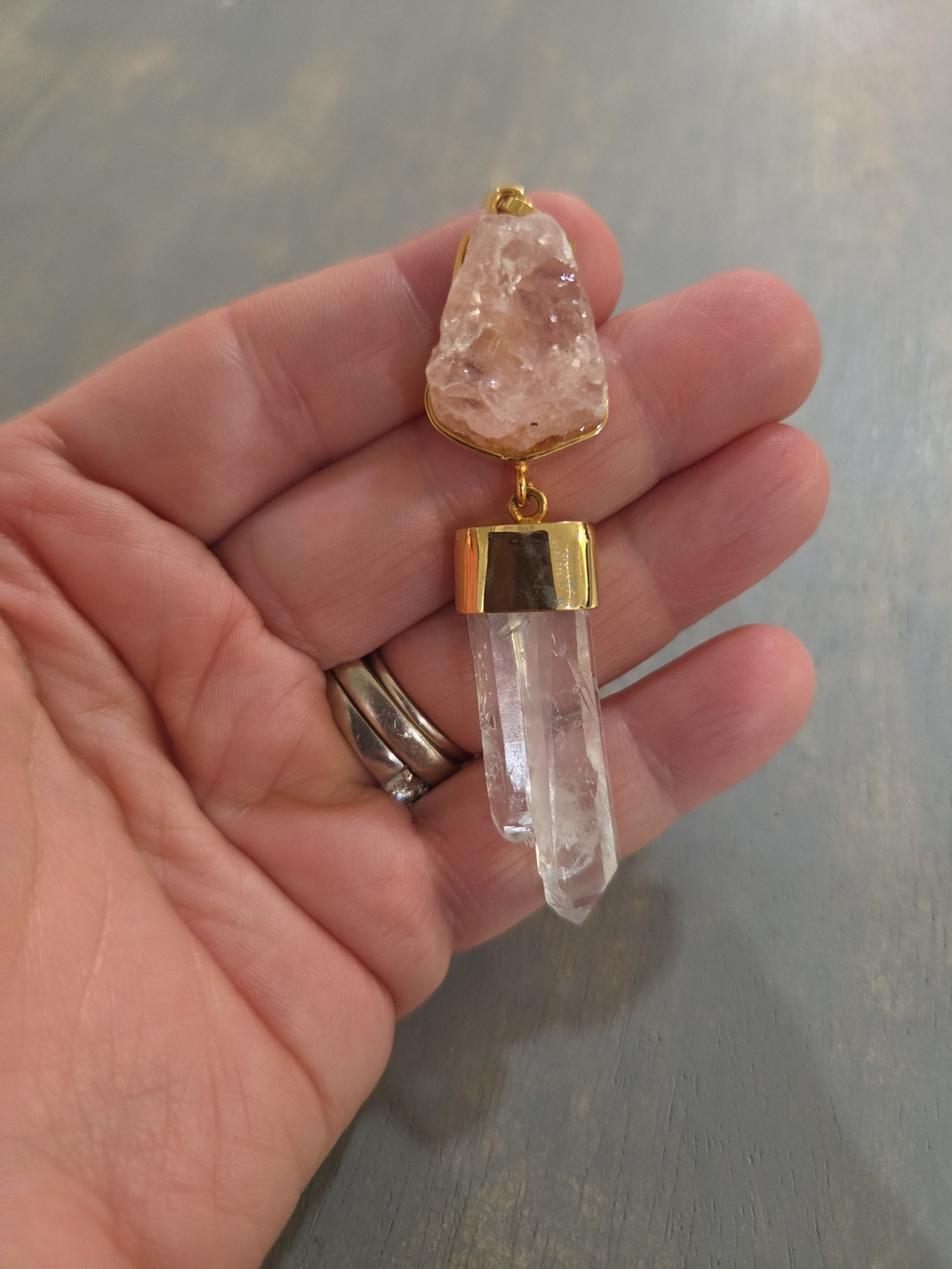 Natural Rose Quartz And Twin Lemurian Crystal Quartz Pendant Necklace